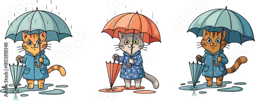 Cartoon cats in raincoats, umbrella scene, rainy day pets, playful illustration, colorful puddles, cute animals, vector design, seasonal theme, indoor activity, cozy vibe