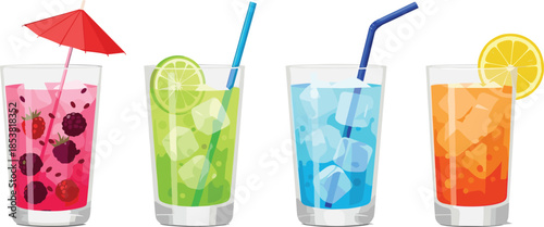 Set of Refreshing Summer Cocktails with Ice Cubes Fruit Slices Straws and Decorative Umbrella in Tall Glasses for Tropical Party and Bar Design