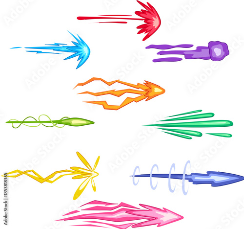 Different animated projectiles creating various dynamic energy trails and power shot effects for video games, comics, and fantasy design elements, illustrating speed and motion