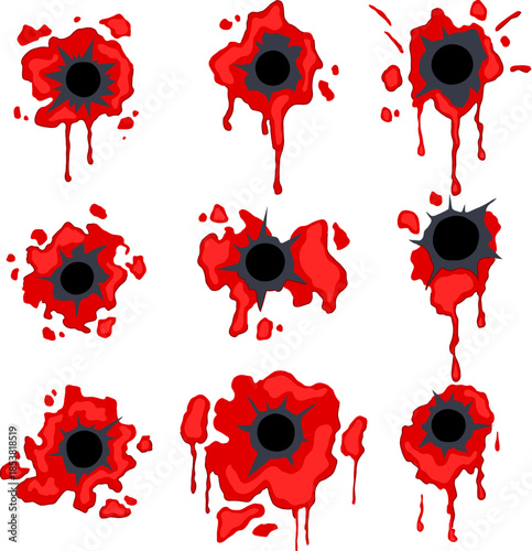 Set of nine graphic bullet holes with red blood flowing and splattering around the impact points, illustrating concepts of violence, crime, and damage