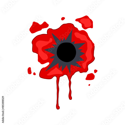 Bullet hole centered in a messy red blood splatter with dripping liquid, evoking gunshot trauma, violence, crime scene impact, injury and dramatic forensic or horror concept