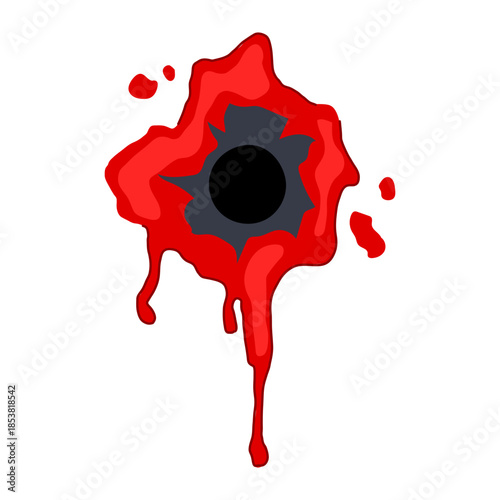 Bullet hole wound with jagged edges, a deep black center, and red blood dripping and splattering on a white background, representing violence, injury, and danger
