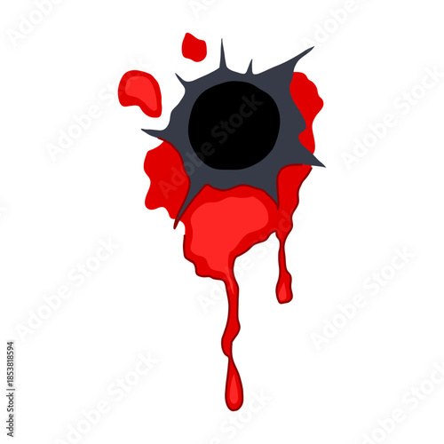 Bullet hole with jagged edges and dark center, fresh red blood splatters and drips flowing down, isolated vector illustration conveying violence, injury, danger and impact