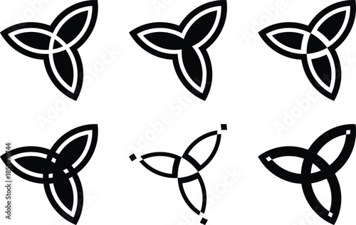 Minimalist Black Trefoil Logo Set with Abstract Geometric Triquetra Knot Icons. Six Black and White Trefoil Symbols with Leaf Shapes. Knots and Trinity. Organic Branding, Wellness Logos.