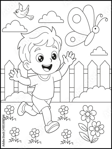 fairy-coloring-page-for-kids-1Cute little boy chasing a large butterfly in a garden with a picket fence and flowers. Kids' coloring book page with fun cartoon characters.  