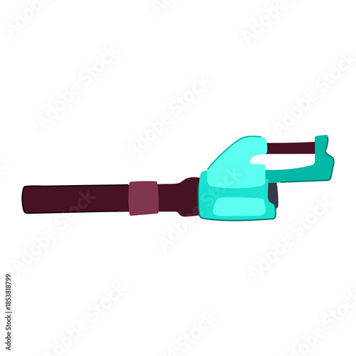 Leaf blower with vibrant turquoise motor housing and dark brown tube, modern garden tool for yard cleanup and fall leaf removal, flat vector icon on white background