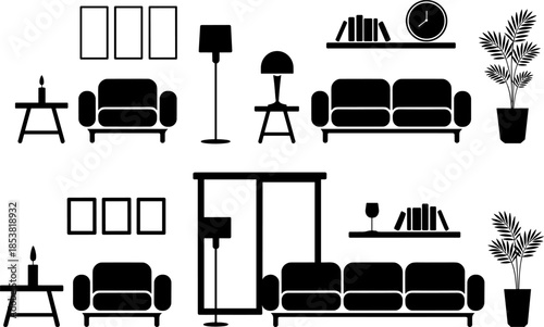 Modern Living Room Furniture Silhouette Set Featuring Sofas Armchairs Lamps Shelves and Home Decor Elements for Interior Design and Housekeeping Layouts