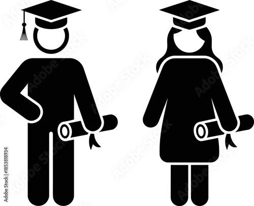 Male and Female Student Graduation Silhouette Set with Caps and Diplomas for Academic Achievement University Commencement and Higher Education Success Projects