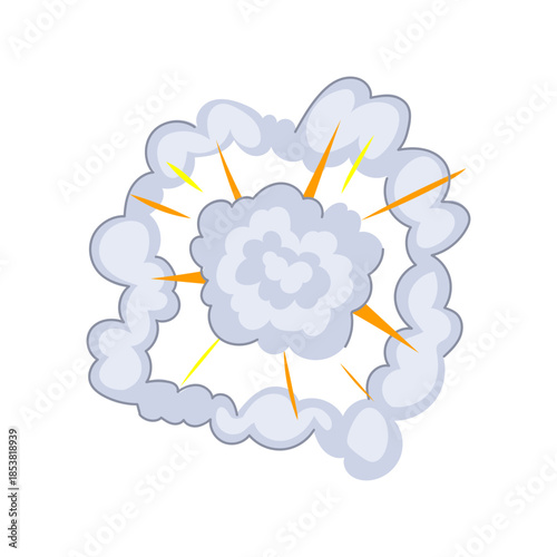 Stylized graphic illustration showing a comic book explosion with gray smoke, orange rays, and yellow flashes, denoting impact, a bang, or a bursting effect
