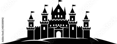 Medieval Magic Castle Silhouette with Towers and Flags for Fantasy Fairy Tale Illustrations Kingdom Defense Concept and Historical Architectural Designs