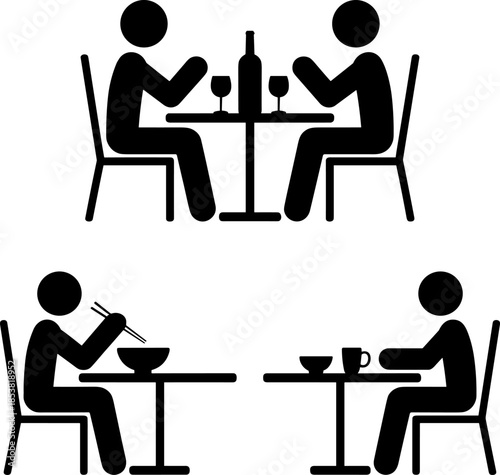 People Dining at Restaurant Tables Silhouette Set Featuring Romantic Dinner Date and Individual Meal Scenes for Food and Hospitality Marketing