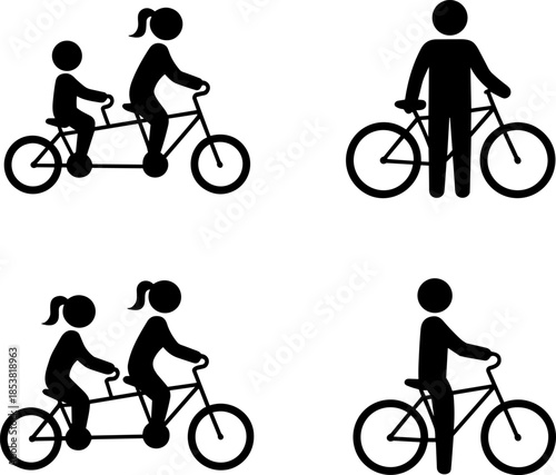People Riding Bicycles and Tandem Bikes Silhouette Set for Outdoor Leisure Activities Healthy Lifestyle Promotion and Summer Family Cycling Trips