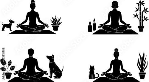 Yoga and Meditation Silhouette Set Featuring People with Pets and Plants for Wellness Mindfulness Health Promotion and Zen Lifestyle Designs