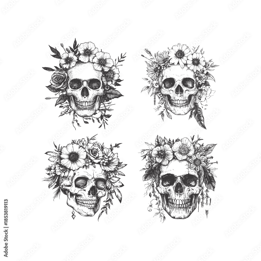Fototapeta premium Vintage hand-drawn illustration of a human skull decorated with a crown of sunflowers and roses, featuring intricate geometric patterns and hanging mystical charms.