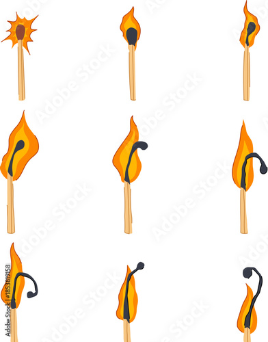Burning wooden matchsticks showing the sequential stages of ignition, active flame, and extinguishing, depicting the full life cycle of fire from start to finish