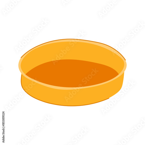 Empty orange cake pan, a common kitchen accessory, used for preparing various baked goods like cakes, pies, and casseroles, isolated on a white background