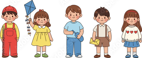 Vector set of cute little children characters including a boy in overalls, a girl with kite, and kids in casual.Vector set of cute little children characters including a boy in overalls