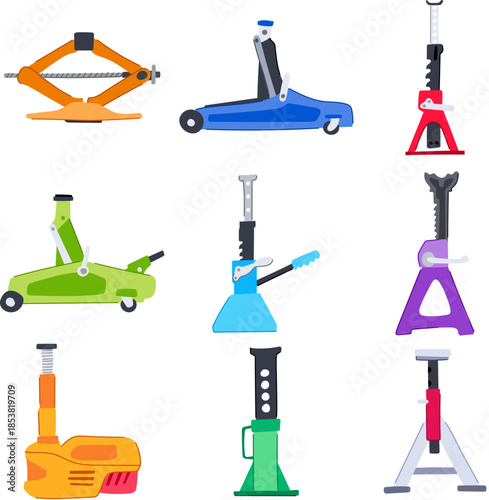 Various types of car jacks and stands creating a collection of essential tools for automobile maintenance, roadside assistance, and mechanical workshop operations
