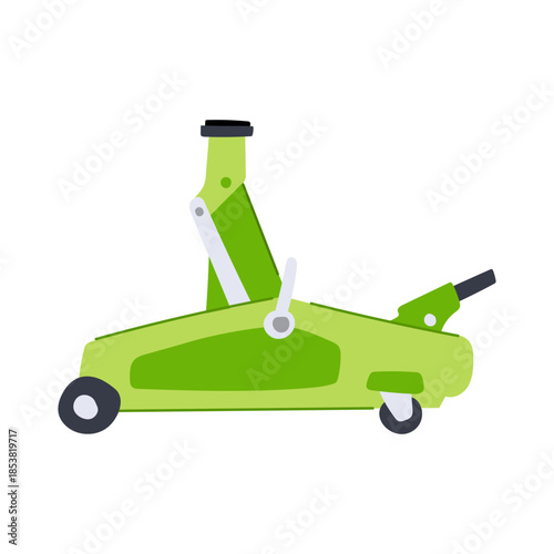 Green floor jack flat illustration showing hydraulic lifting equipment for vehicle maintenance and tire changing on a white background, modern garage tool vector image