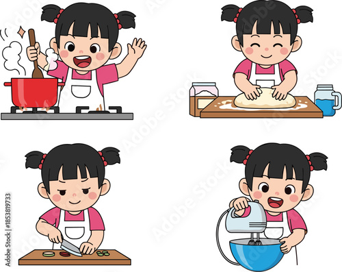 Vector set of cute little girl character cooking in kitchen, stirring pot, kneading dough, chopping vegetables, and using electric mixer.