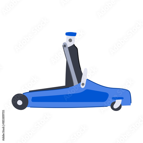 Blue hydraulic floor jack lifting arm and mechanism on white background, vector style illustration for automotive repair, garage maintenance, vehicle lifting and workshop equipment