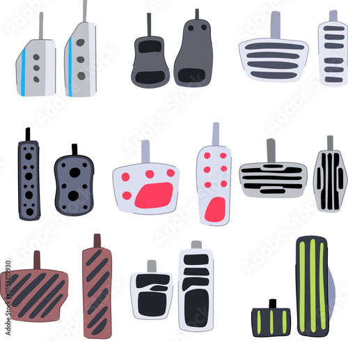 Various car brake, clutch, and accelerator pedals in different colorful designs on a white background, representing essential automotive controls for driving