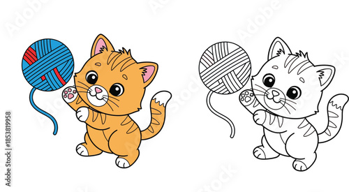 Cute cartoon cat playing with yarn ball vector illustration with black and white coloring book page outline isolated on white background
