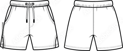 Flat vector drawstring shorts technical drawing, front and back view, detailed CAD illustration for casual sportswear apparel production design specification