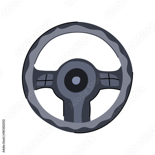 Simple flat illustration of a modern car steering wheel, symbolizing driving, navigation, travel, automation, and vehicle control on a journey or road