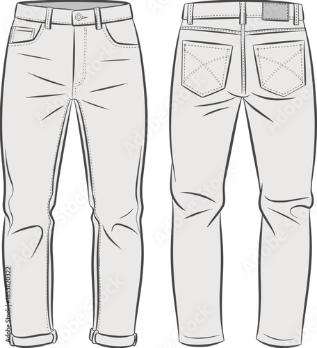 Flat vector jeans technical drawing, front and back view, detailed CAD illustration for fashion design, denim apparel specification sheet production
