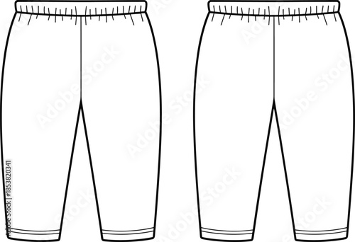 Flat vector jogger pants technical drawing, front and back view, detailed CAD illustration for casual apparel production design specification sheet