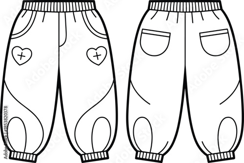 Flat vector kids jogger pants technical drawing, front and back view, detailed CAD illustration for children clothing design production