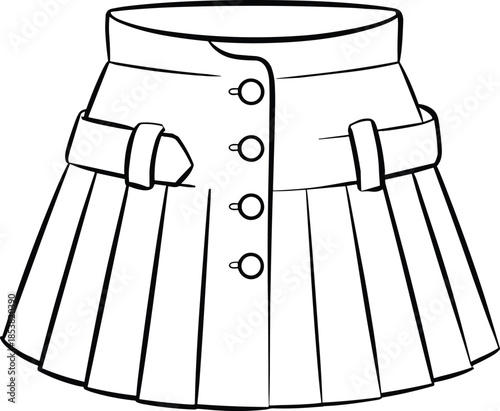 Flat vector pleated skirt technical drawing, high waist button detail design, detailed CAD illustration for women fashion apparel production