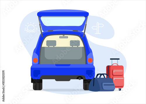 SUV car with wide open trunk and luggage stock illustration.