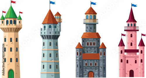 Vector set of medieval fairy tale castle towers and fortresses with colorful flags, stone walls, and turrets for game design.