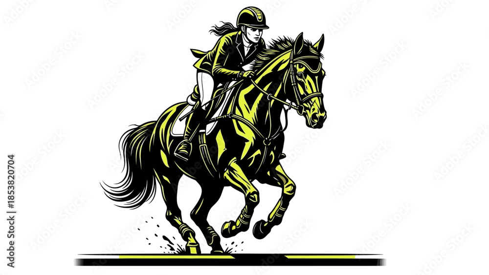 Fototapeta premium Dynamic equestrian action with rider jumping on horse