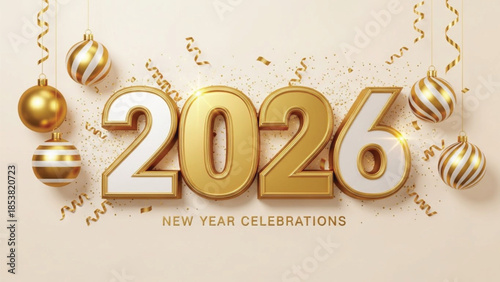 A 3d rendering featuring the number 2026 in prominent gold and white styling, surrounded by hanging golden striped ornaments and scattered confetti, set against a soft, light beige background.