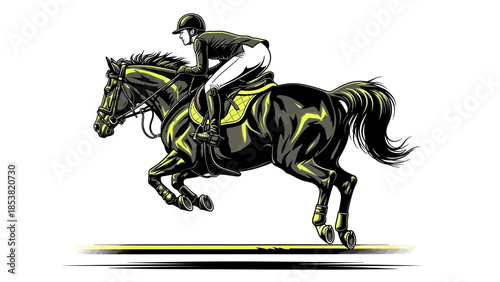Equestrian athlete riding horse in dynamic jump motion