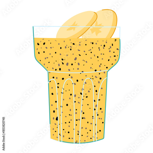 Glass jar of chia seed pudding topped with fresh banana slices, healthy vegan breakfast or snack on white background, minimalist studio cutout showing plant based, nutritious food