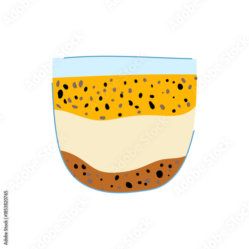 Chia seed pudding showing layers topping with mango or passion fruit, cream, and a base of seeds or crumble, representing a healthy breakfast or snack option