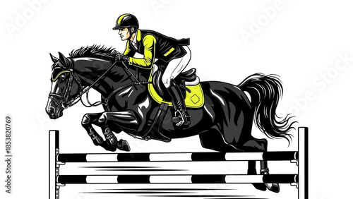 Equestrian athlete riding black horse over obstacle in competition