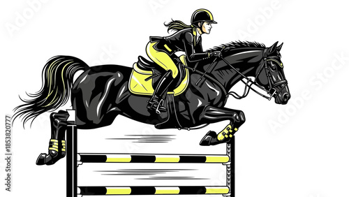 Equestrian athlete riding black horse over obstacle