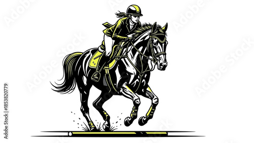 Equestrian action scene with rider jumping horse over obstacle