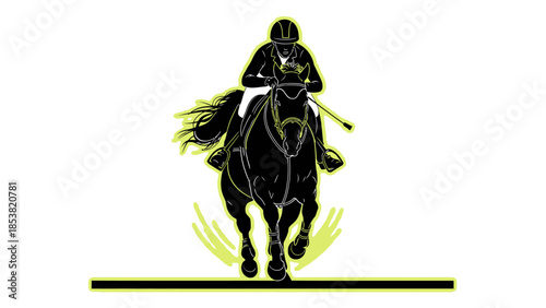 Equestrian athlete jumping horse obstacle in competition