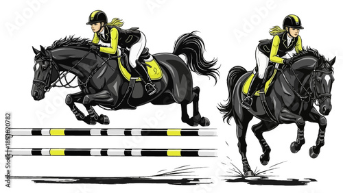 Equestrian woman riding black horse over obstacles in competition