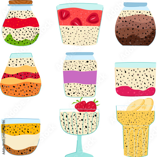 Colorful assortment of layered chia seed puddings with fruit, chocolate and creamy textures on white backgroundhealthy, vegan, gluten free breakfast or snack option