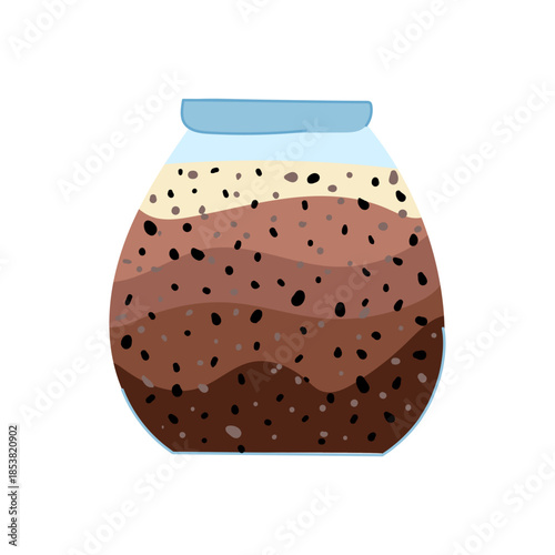 Chia seed pudding layered in a glass jar with chocolate and creamy flavors, healthy plant based breakfast or dessert option showcasing wholesome nutrition, texture and simplicity