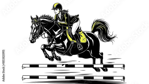 Equestrian rider clears obstacle with horse in dynamic jump