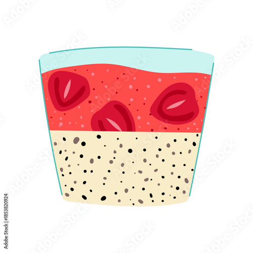 Two layer chia pudding in a glass with creamy seeded vanilla base and vibrant strawberry topping with fresh slices, evoking healthy breakfast, snack, or dessert parfait