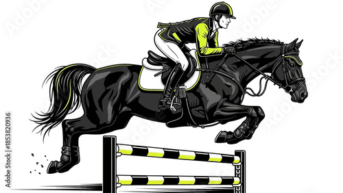 Equestrian action scene of a jockey riding a horse over a jump